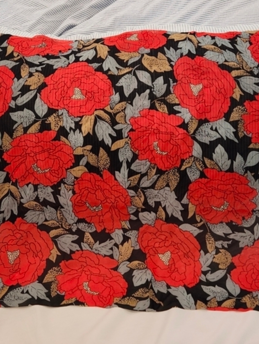 Diane Von Furstenberg Black Scarf with Bold Red Floral Print